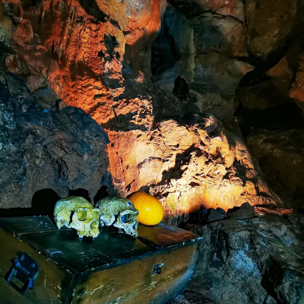 Skulls and pumpkins in a cave at Kents Cavern, Torquay