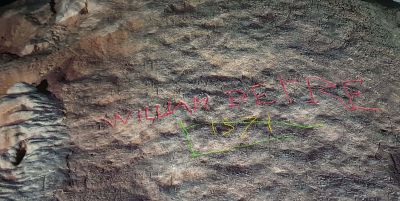Inscription of William Petre, 1571, with overlay at kents Cavern
